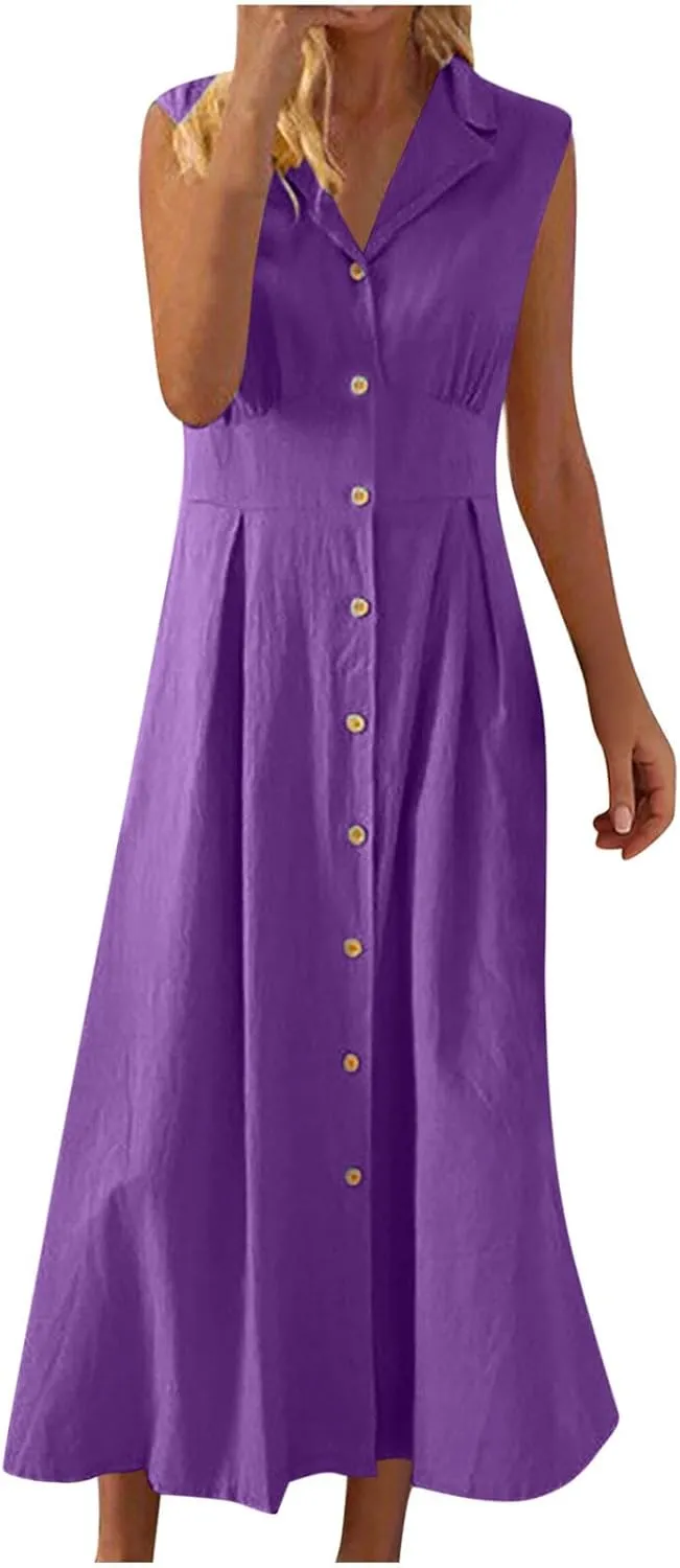 Cotton Linen Dress for Women Loose Fit Button Down Sundresses Sleeveless V Neck A Line Flowy Beach Long Dresses