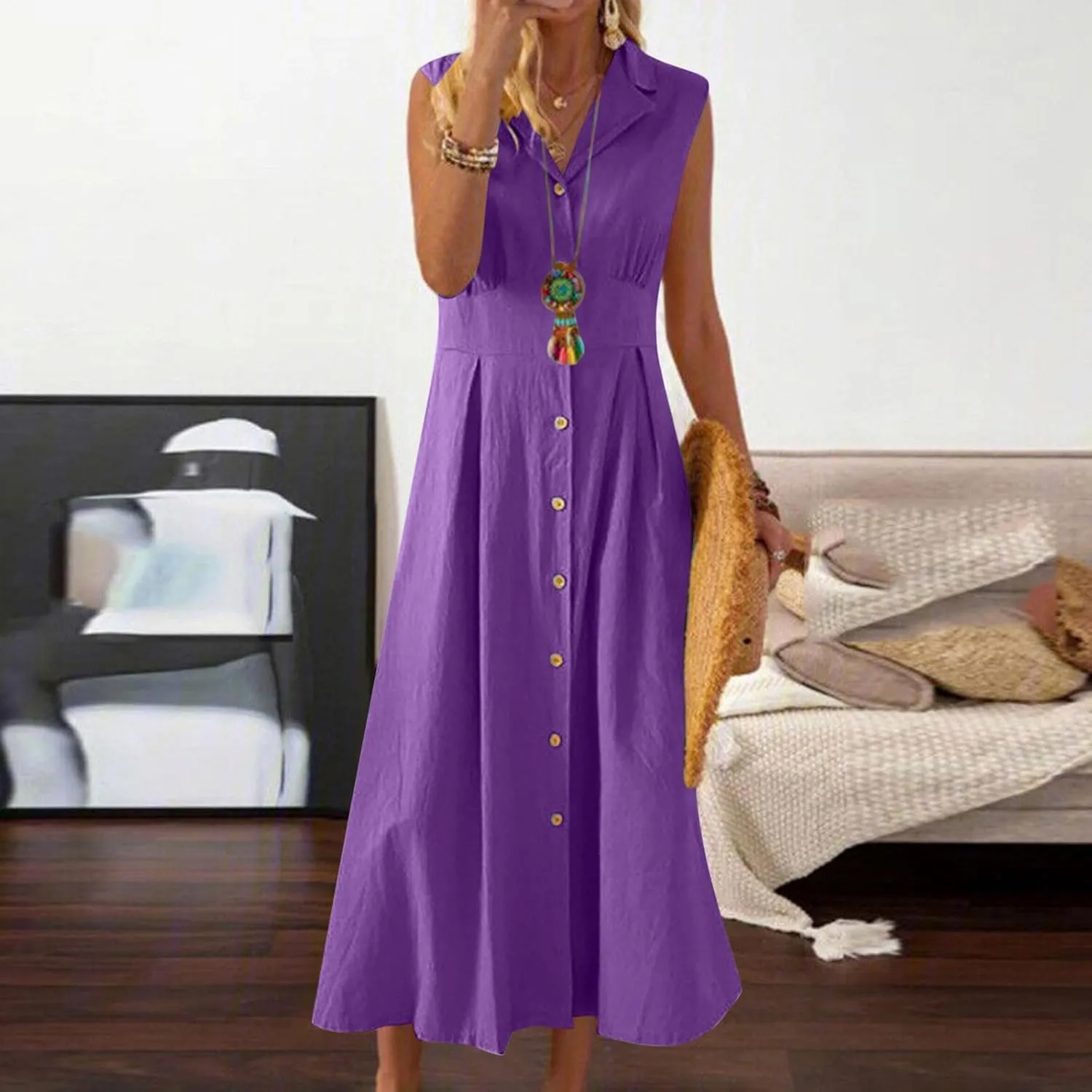 Cotton Linen Dress for Women Loose Fit Button Down Sundresses Sleeveless V Neck A Line Flowy Beach Long Dresses