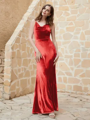 Cowl Neck Mermaid Velvet Gown Red