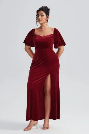 Curveins Plus Size Velvet V-Neck Elegant Maxi Dress