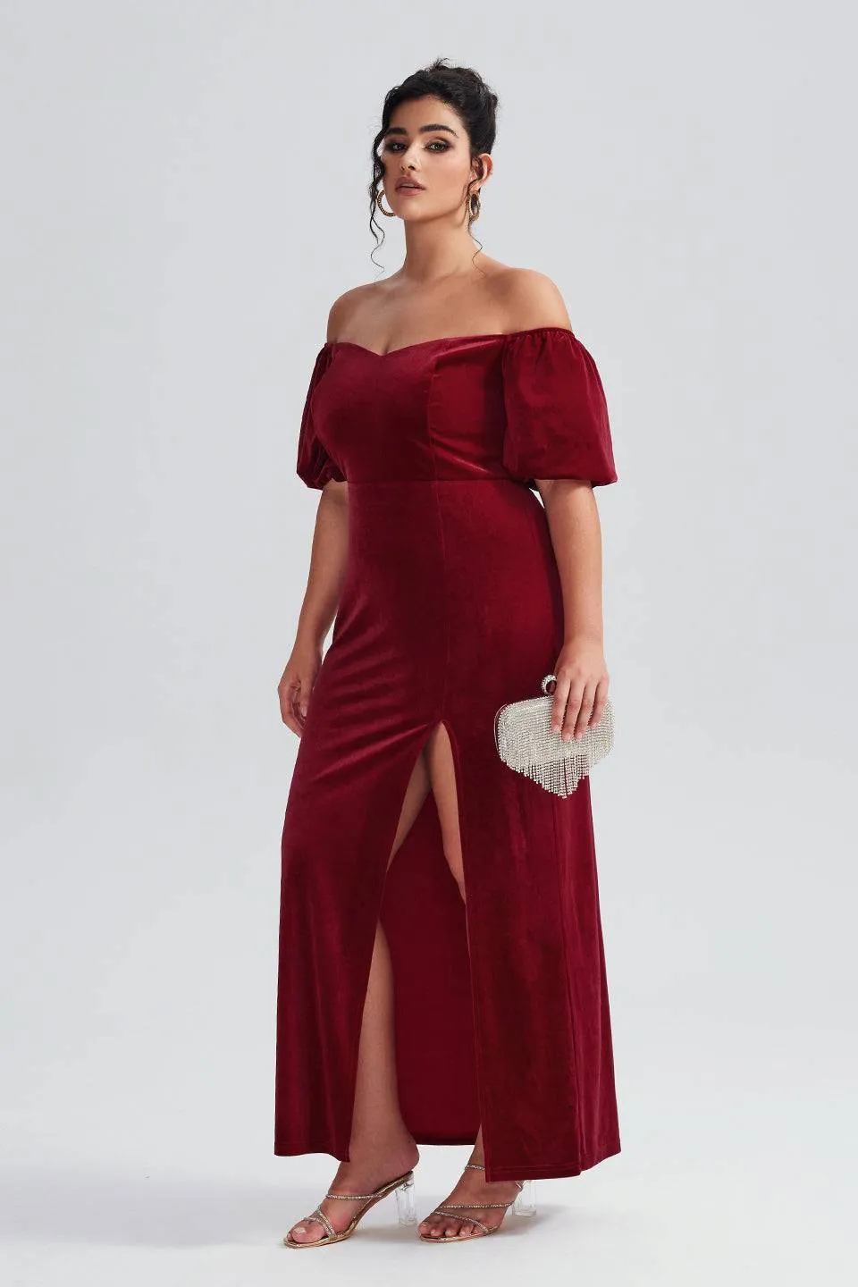 Curveins Plus Size Velvet V-Neck Elegant Maxi Dress