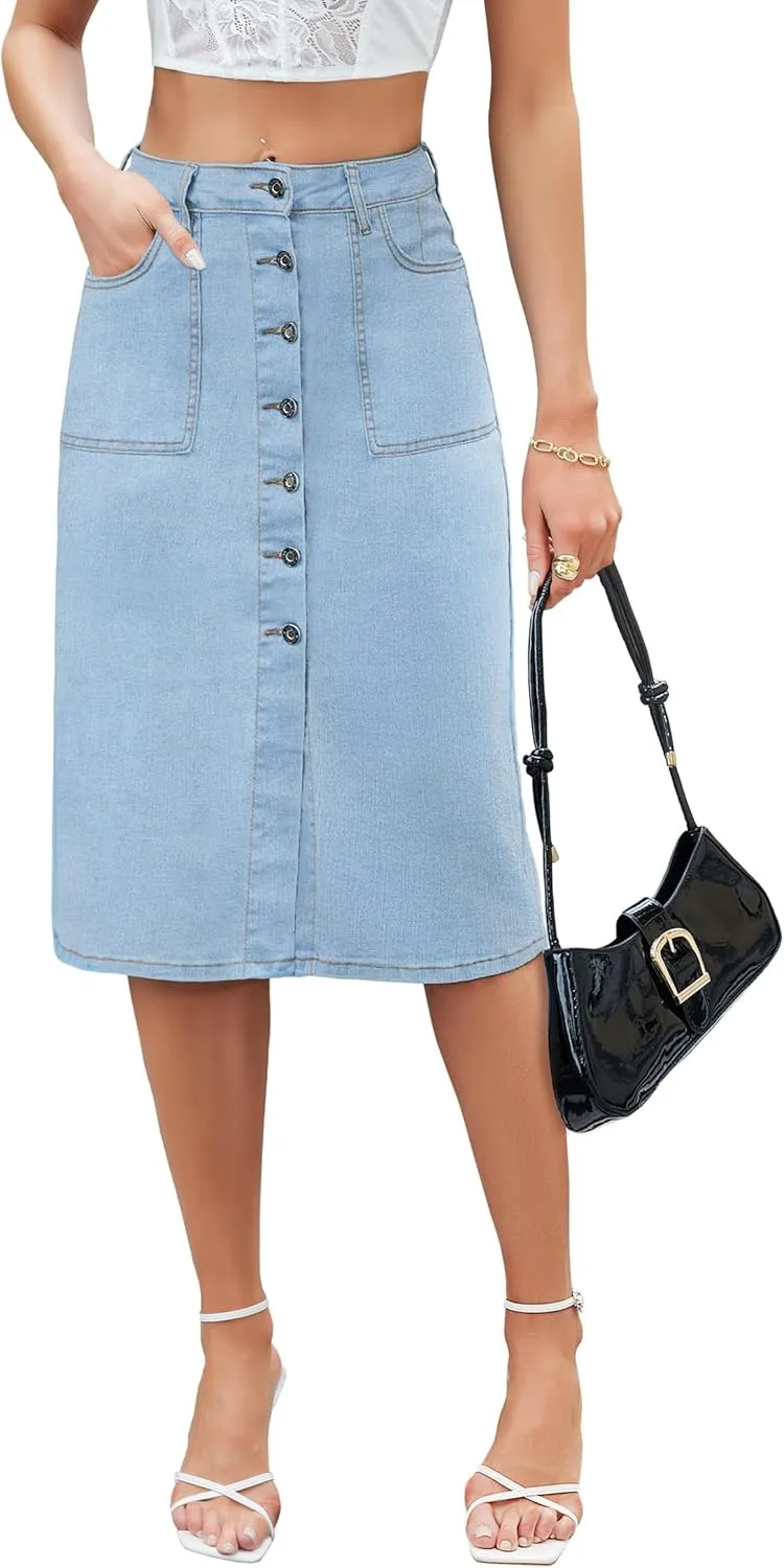 Denim Maxi Skirt Women Long Jean High Waisted Skirts Slit Button Down Front Blue A Line Stretch with Pockets