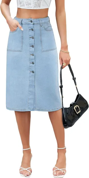 Denim Maxi Skirt Women Long Jean High Waisted Skirts Slit Button Down Front Blue A Line Stretch with Pockets