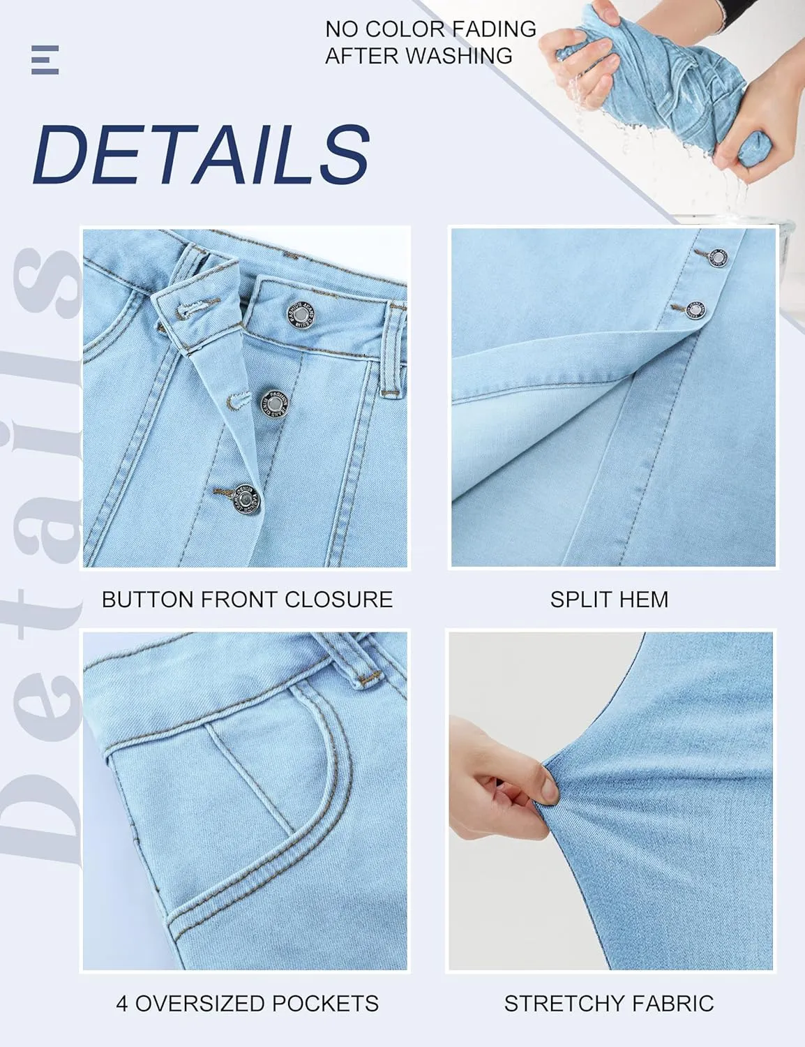 Denim Maxi Skirt Women Long Jean High Waisted Skirts Slit Button Down Front Blue A Line Stretch with Pockets