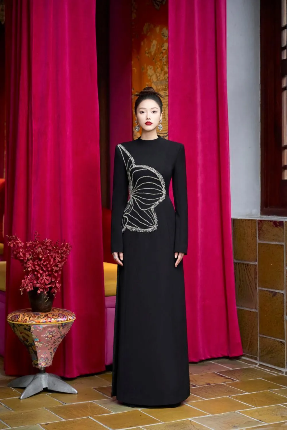 Distnx A-line Back Zipper Velvet Satin Maxi Dress