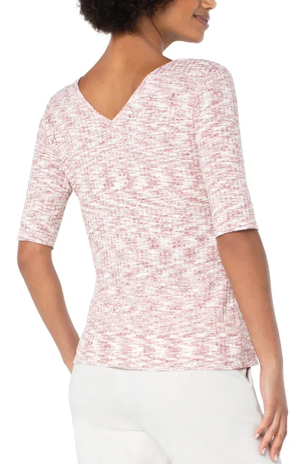 Double V Neck Half Sleeve Tee - Pink and Cream Space