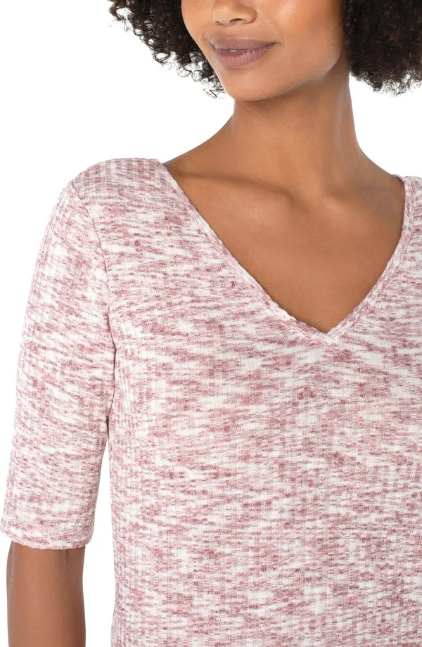 Double V Neck Half Sleeve Tee - Pink and Cream Space