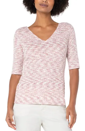 Double V Neck Half Sleeve Tee - Pink and Cream Space