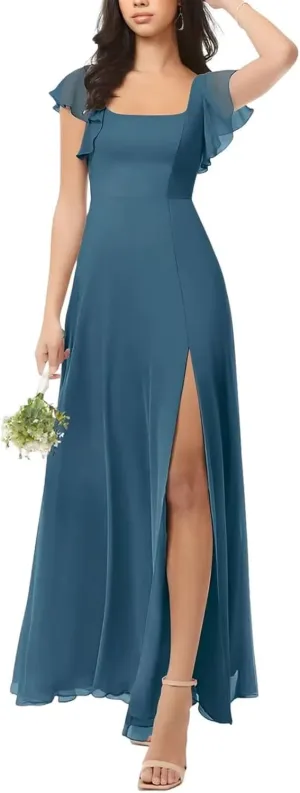 DREAMIND Chiffon Bridesmaid Dresses Square Neck Wedding Guest Dress for Women Formal Evening Gowns with Slit