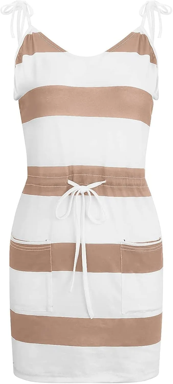 Dresses for Women 2023, Trendy Striped Beach Cover Up Boho Mini Dress Summer Casual Tunic Dress with Pockets
