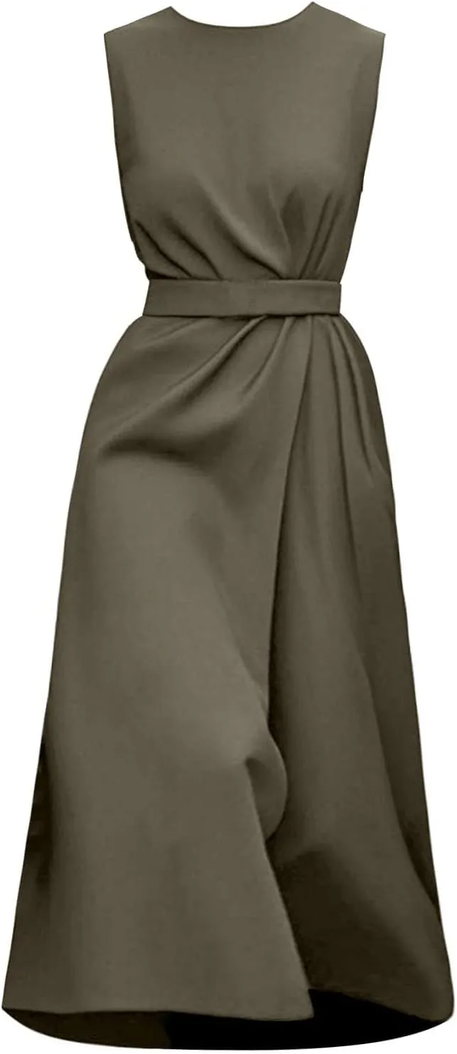 Dresses for Women 2025 Elegant Classy Sleeveless Crewneck Maxi Dresses Waist Belt A Line Dress Wedding Guest Dress