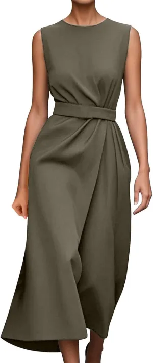 Dresses for Women 2025 Elegant Classy Sleeveless Crewneck Maxi Dresses Waist Belt A Line Dress Wedding Guest Dress