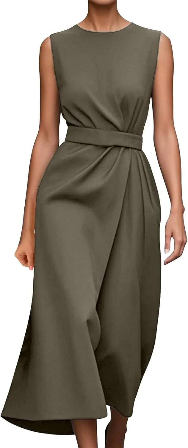 Dresses for Women 2025 Elegant Classy Sleeveless Crewneck Maxi Dresses Waist Belt A Line Dress Wedding Guest Dress