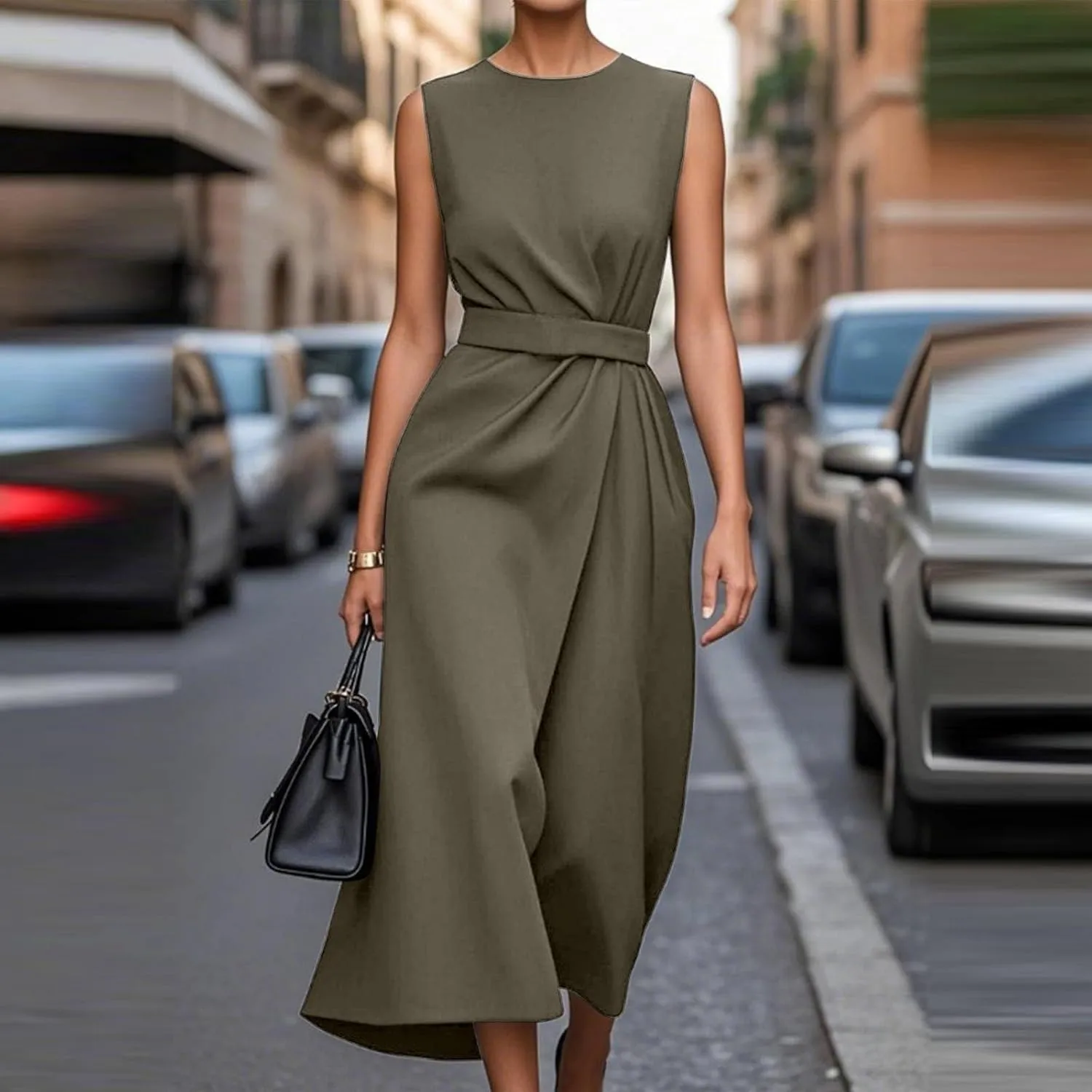 Dresses for Women 2025 Elegant Classy Sleeveless Crewneck Maxi Dresses Waist Belt A Line Dress Wedding Guest Dress
