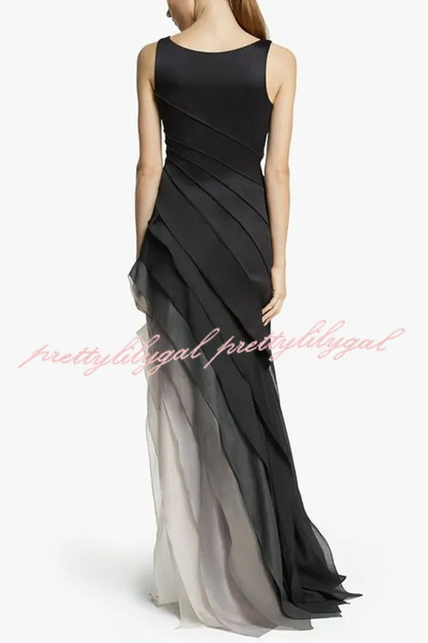 Elegant and Mysterious Tulle Gradient Cascading Design Gown Maxi Dress