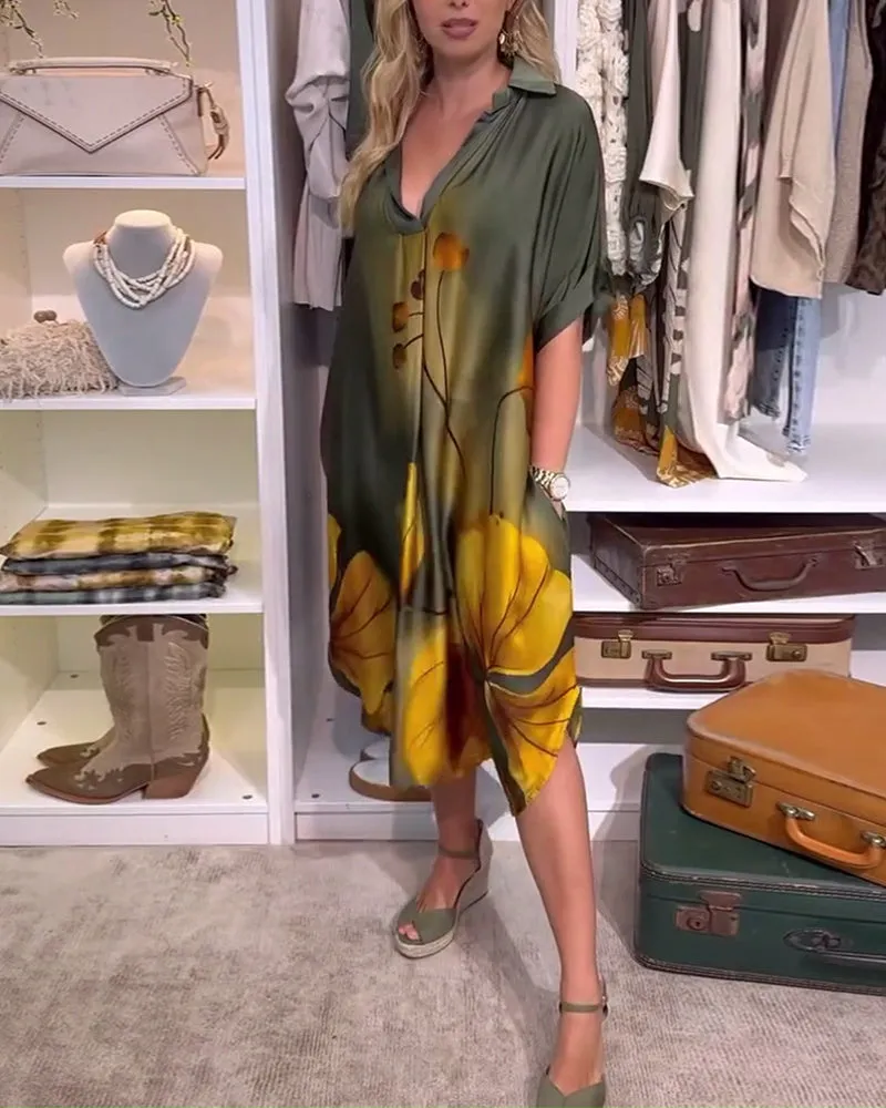 Elegant dress with leaf print and lapel