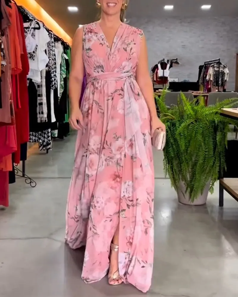 Elegant floral print and V-neck sleeveless dress