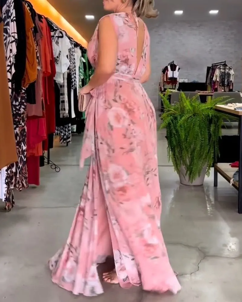 Elegant floral print and V-neck sleeveless dress