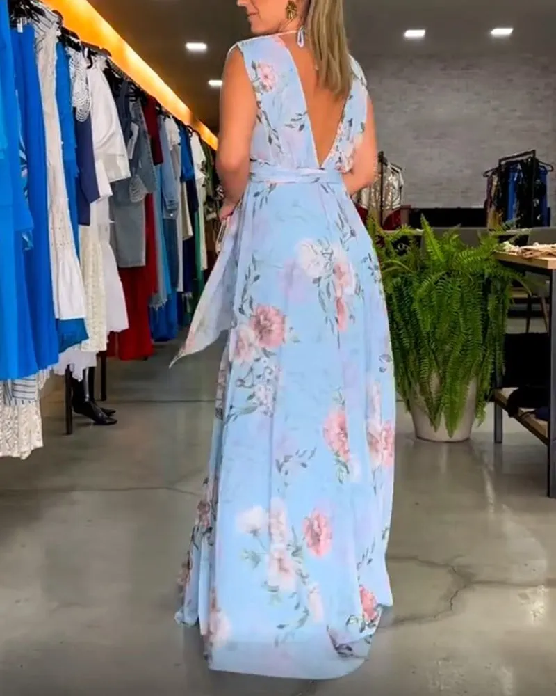 Elegant floral print and V-neck sleeveless dress