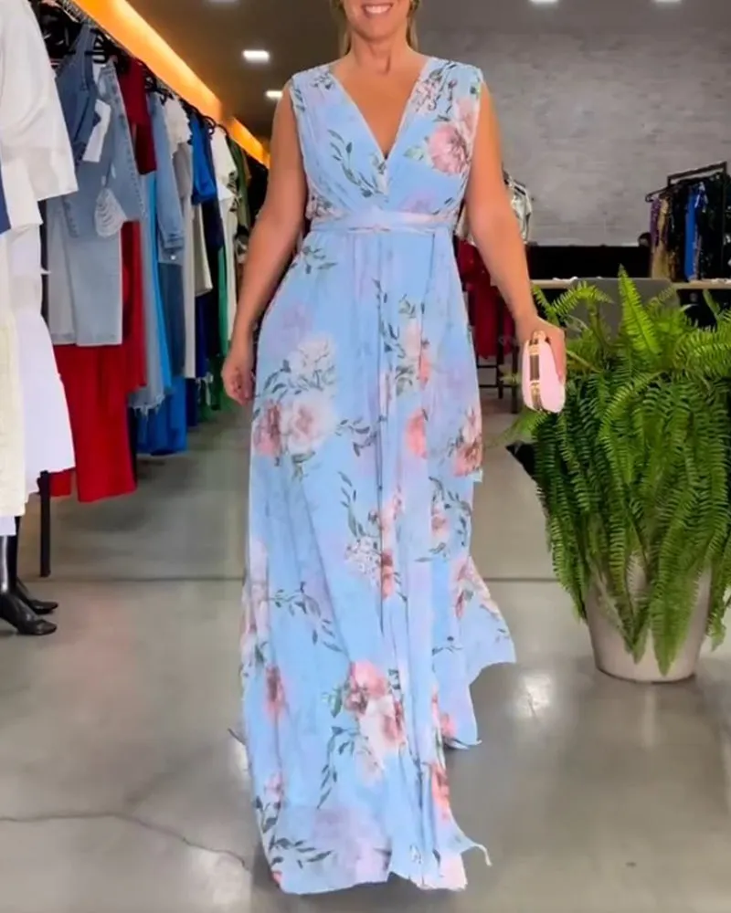 Elegant floral print and V-neck sleeveless dress