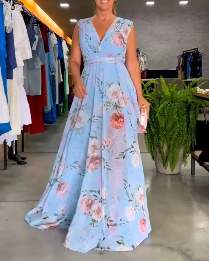 Elegant floral print and V-neck sleeveless dress