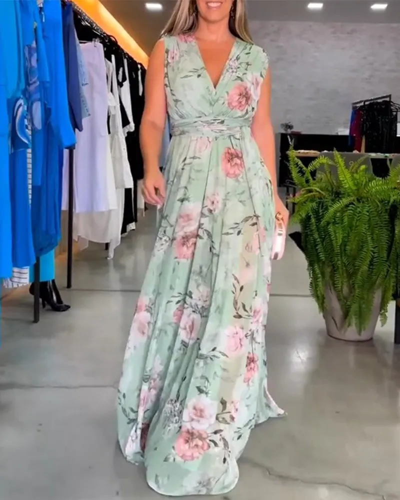 Elegant floral print and V-neck sleeveless dress