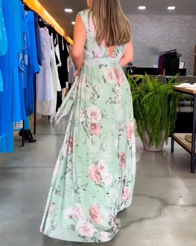Elegant floral print and V-neck sleeveless dress