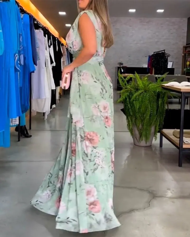 Elegant floral print and V-neck sleeveless dress