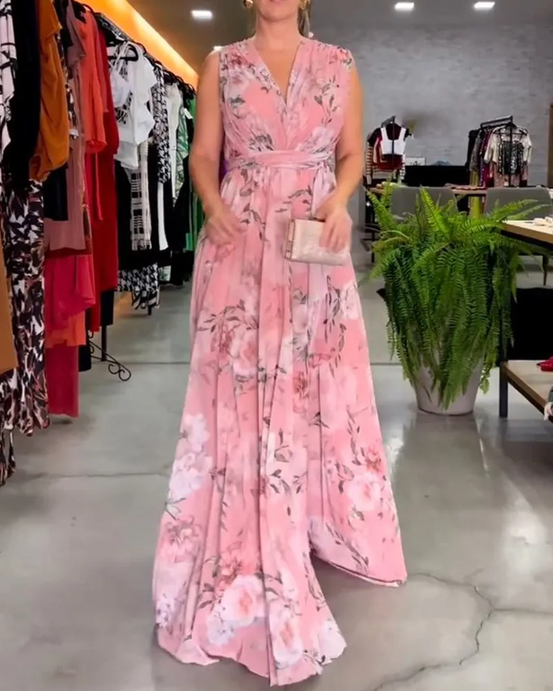 Elegant floral print and V-neck sleeveless dress
