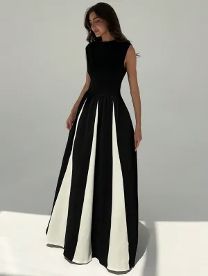 Elegant Round-Neck Black And White Contrast Color A-Line Dress