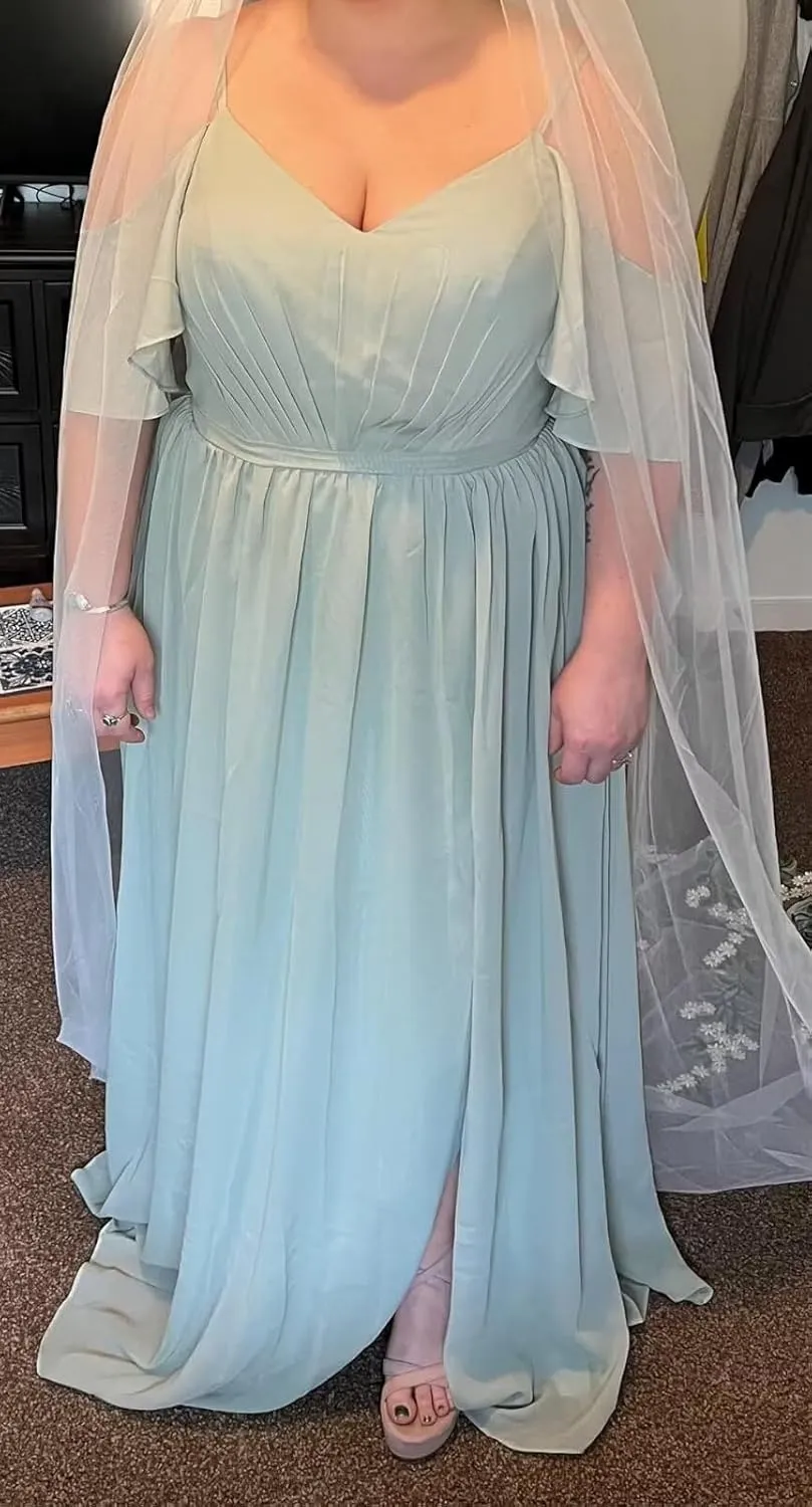 Elegant Women Plus Size Bridesmaid Dresses 2025 with Slit Cold Shoulder Chiffon Formal Party Dresses with Pockets RO020