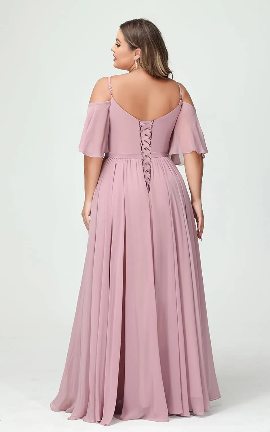 Elegant Women Plus Size Bridesmaid Dresses 2025 with Slit Cold Shoulder Chiffon Formal Party Dresses with Pockets RO020