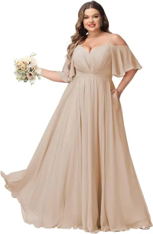 Elegant Women Plus Size Bridesmaid Dresses 2025 with Slit Cold Shoulder Chiffon Formal Party Dresses with Pockets RO020