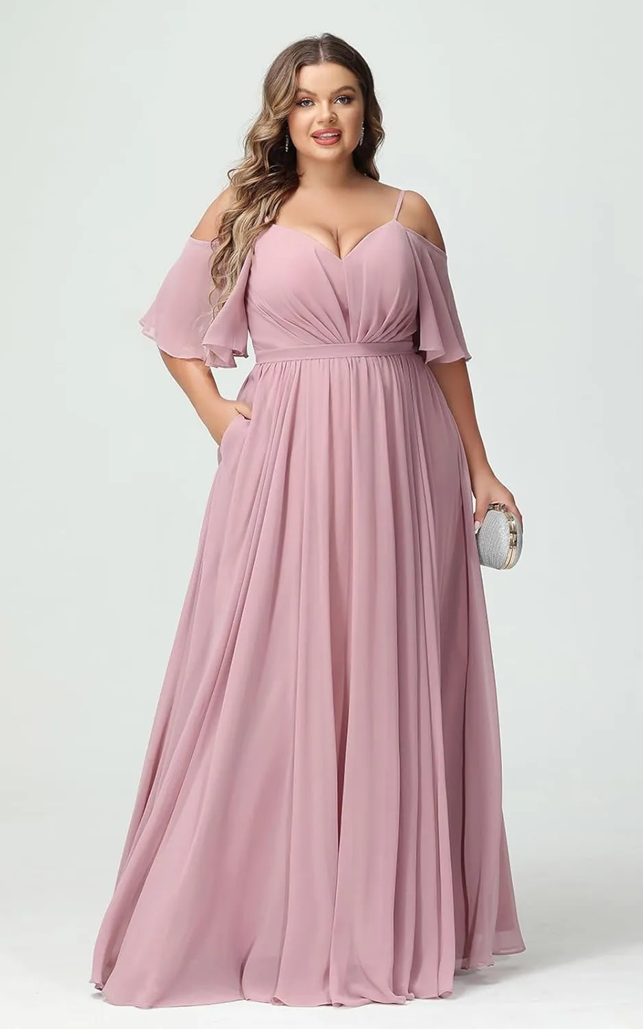Elegant Women Plus Size Bridesmaid Dresses 2025 with Slit Cold Shoulder Chiffon Formal Party Dresses with Pockets RO020