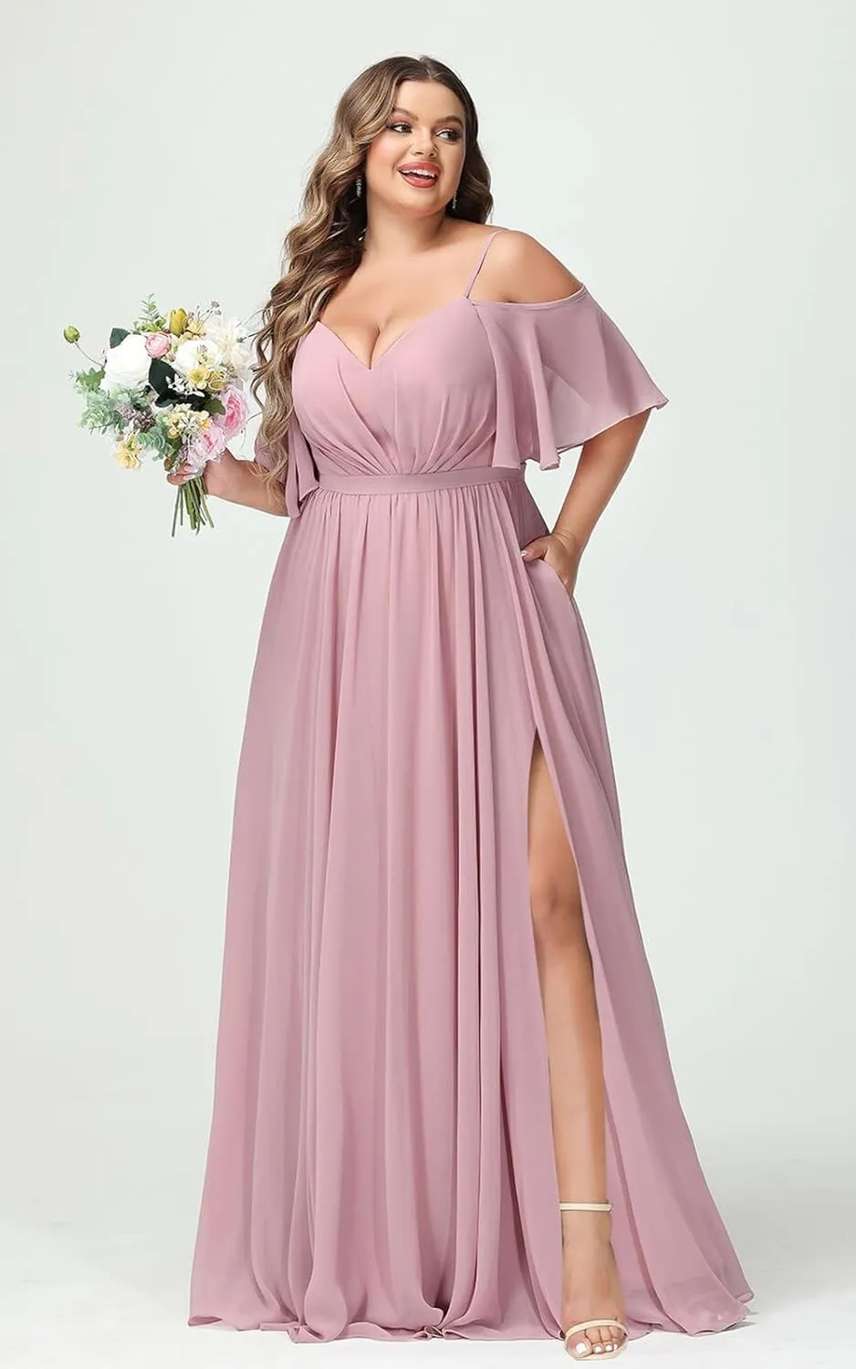 Elegant Women Plus Size Bridesmaid Dresses 2025 with Slit Cold Shoulder Chiffon Formal Party Dresses with Pockets RO020