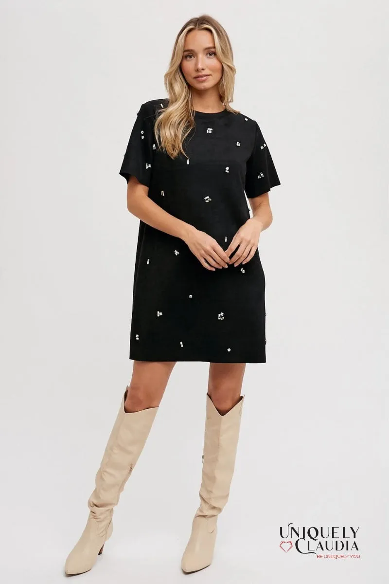 Elle Rhinestone Embellished Suede Shift Mini Dress