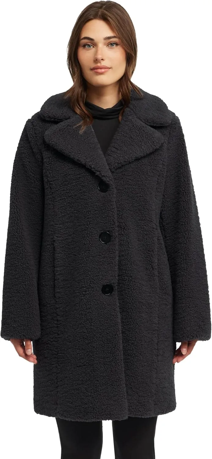 ELLEN TRACY Women's Fur Sherpa Jacket - Notch Collared Teddy Coat with Inseam Pockets - Plush Sherpa Jacket for Women (S-XL)