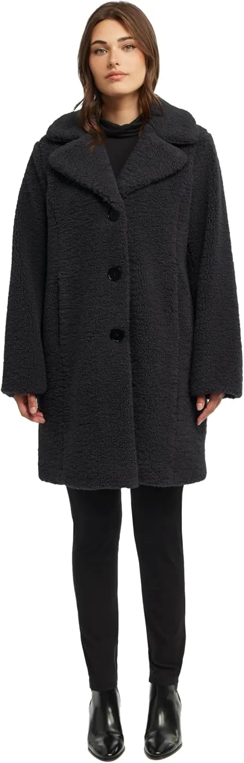 ELLEN TRACY Women's Fur Sherpa Jacket - Notch Collared Teddy Coat with Inseam Pockets - Plush Sherpa Jacket for Women (S-XL)