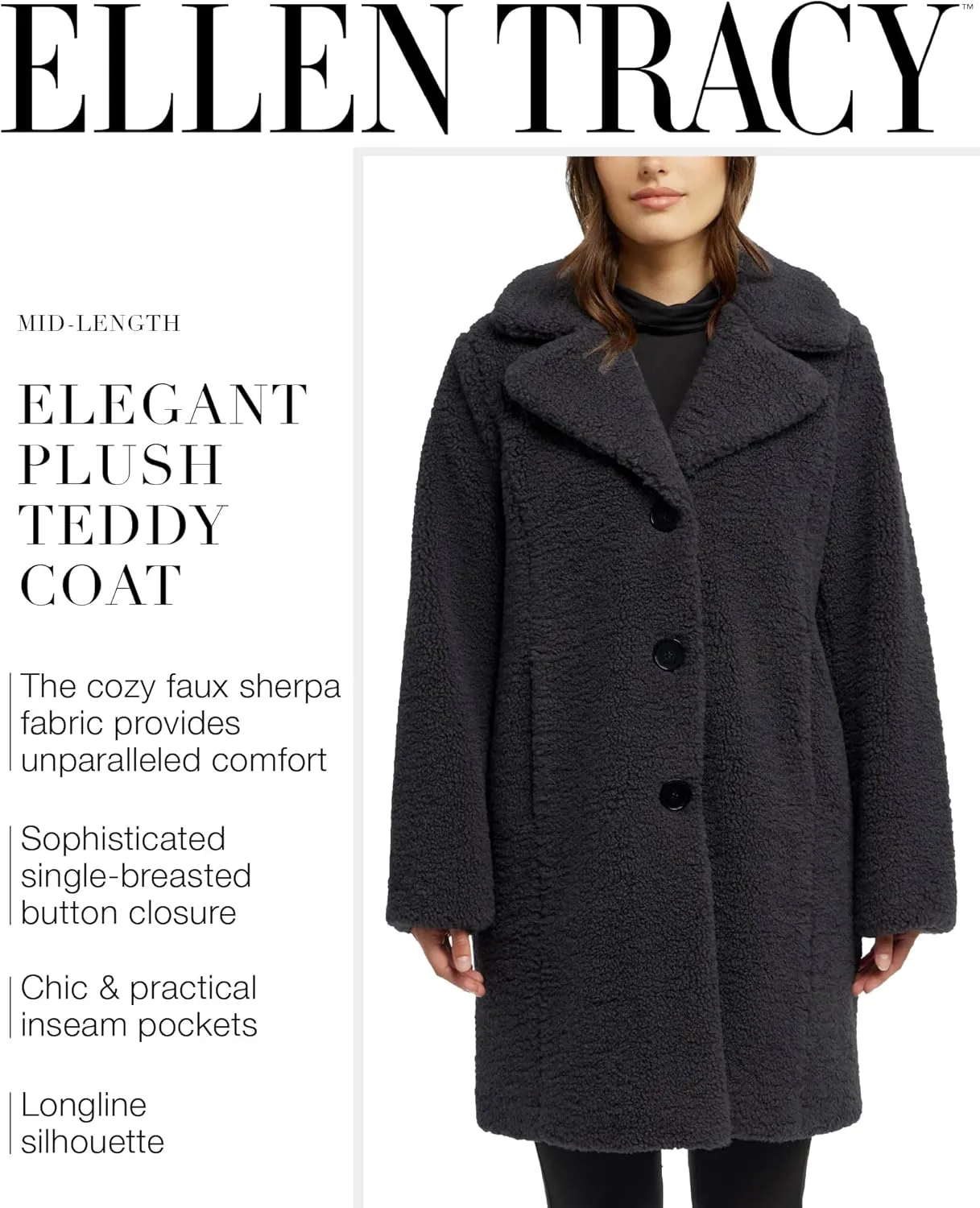 ELLEN TRACY Women's Fur Sherpa Jacket - Notch Collared Teddy Coat with Inseam Pockets - Plush Sherpa Jacket for Women (S-XL)