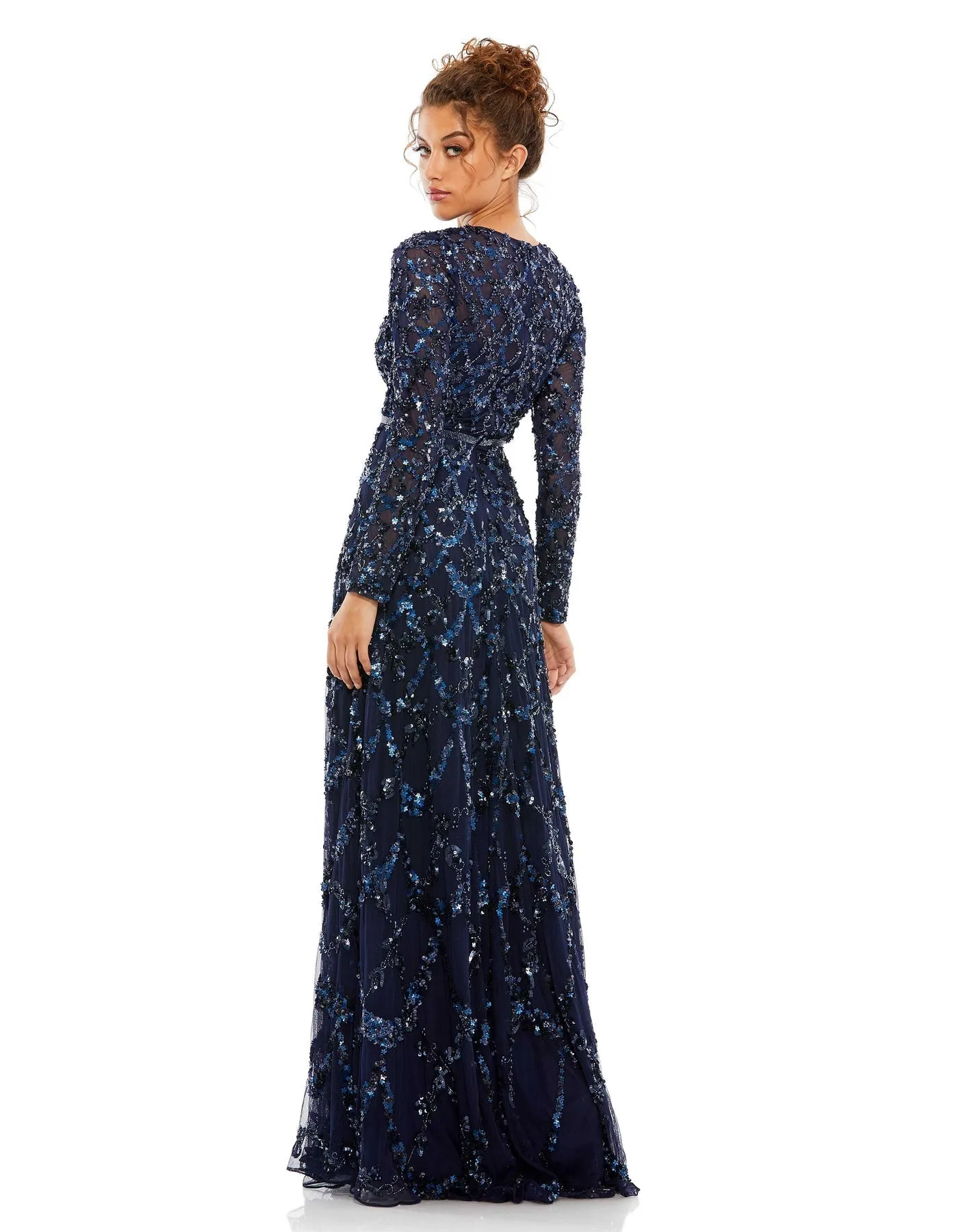 Embellished illusion high neck long sleeve A-line modest gown - Midnight