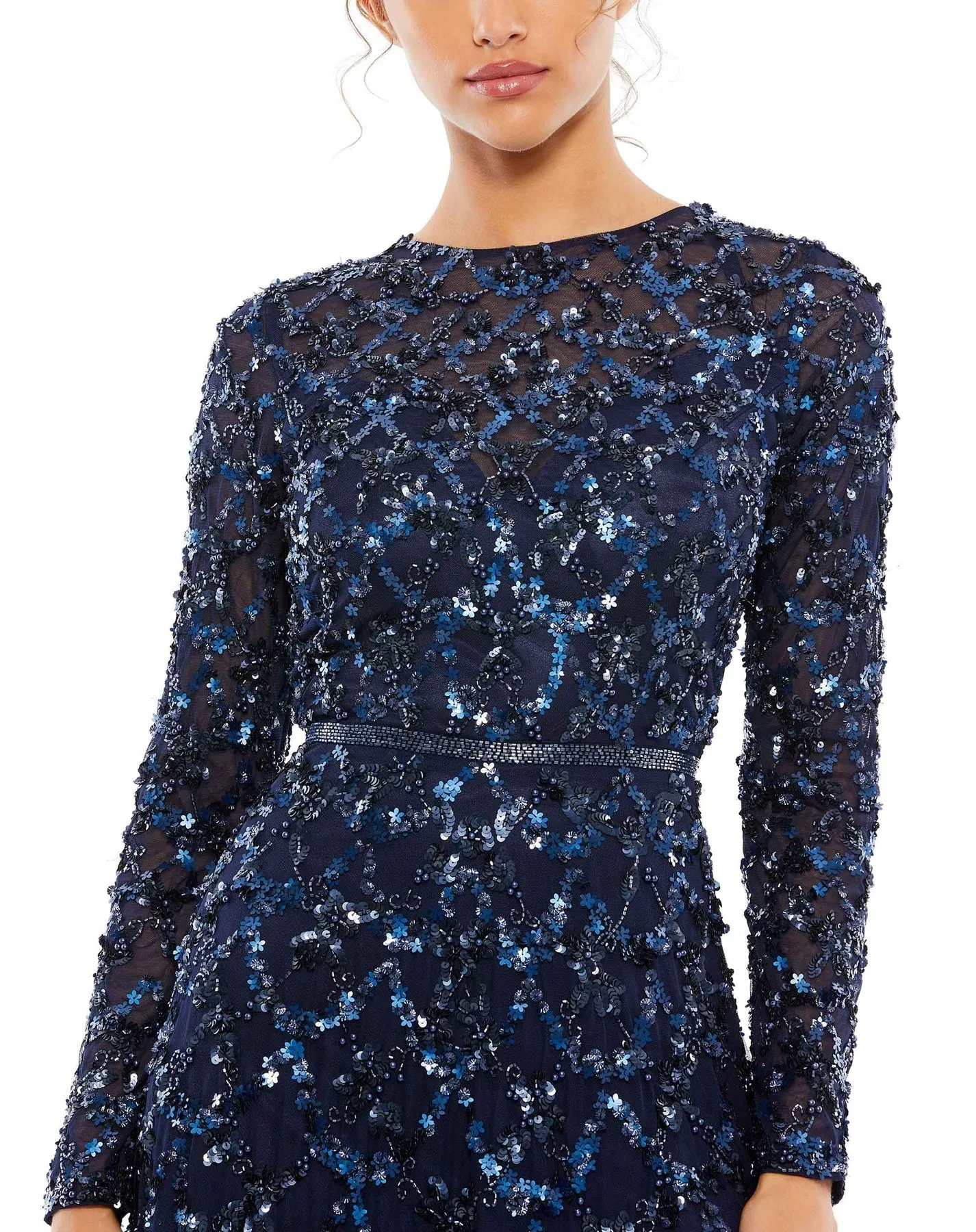 Embellished illusion high neck long sleeve A-line modest gown - Midnight