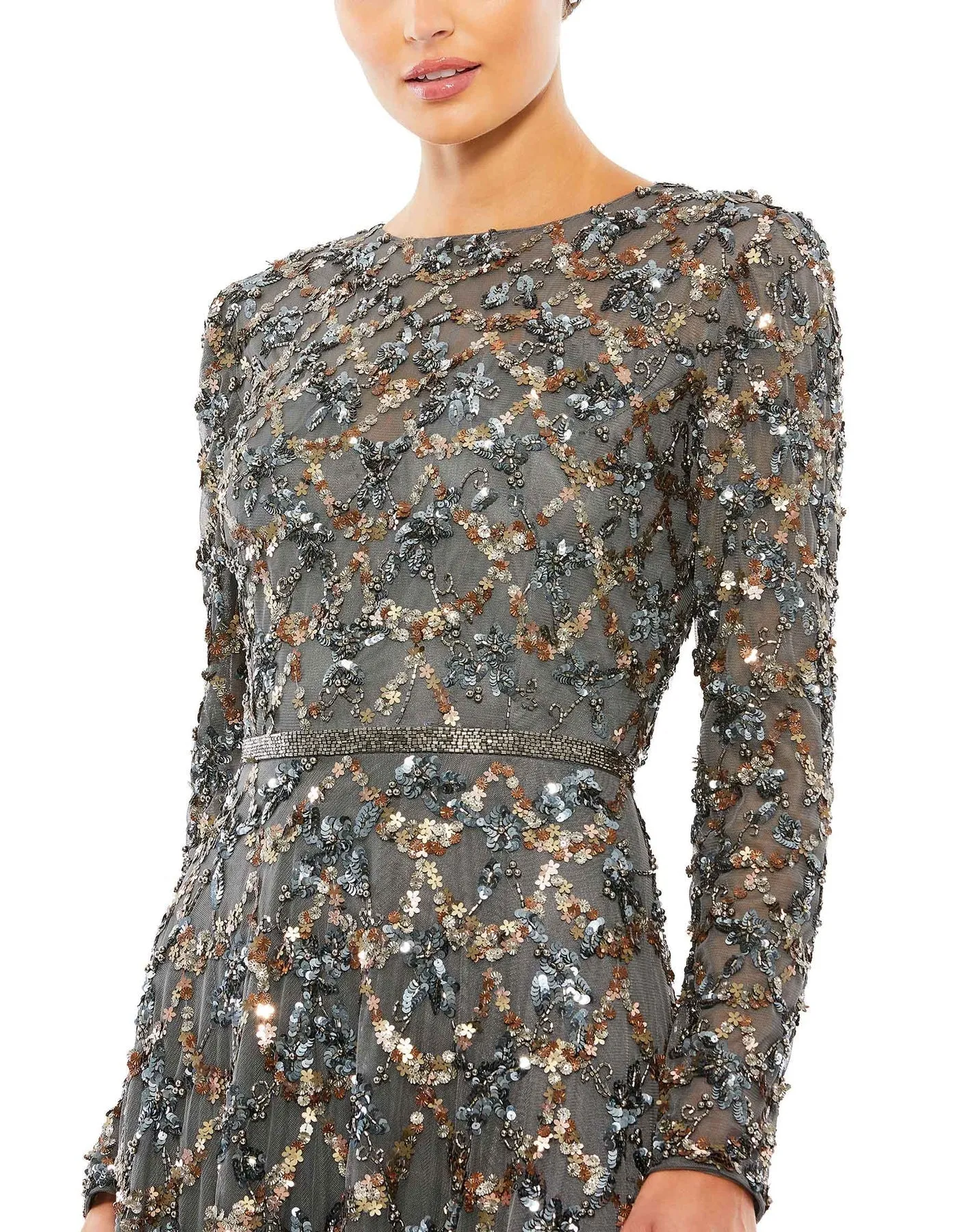 Embellished illusion high neck long sleeve A-line modest gown - Midnight