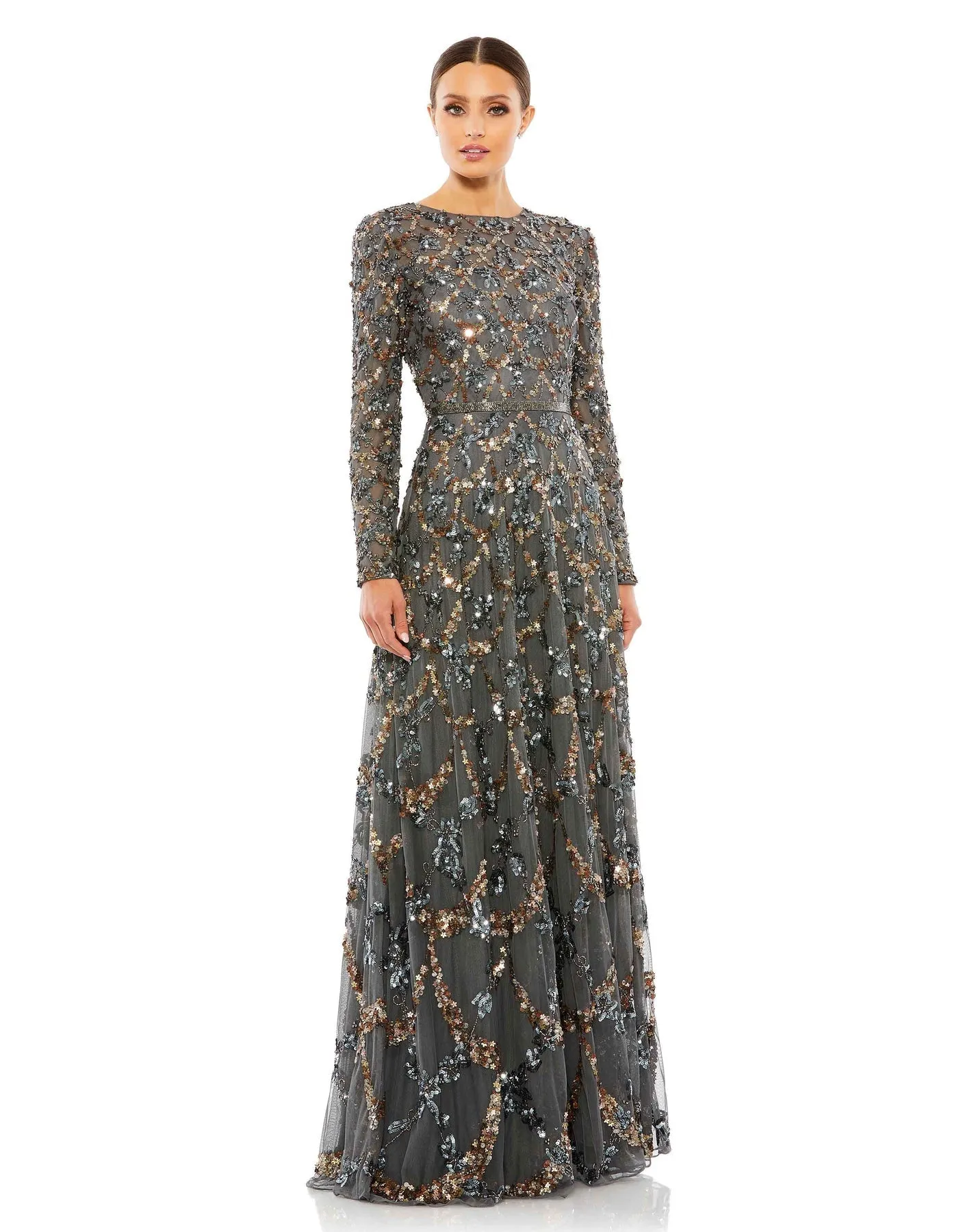 Embellished illusion high neck long sleeve A-line modest gown - Midnight