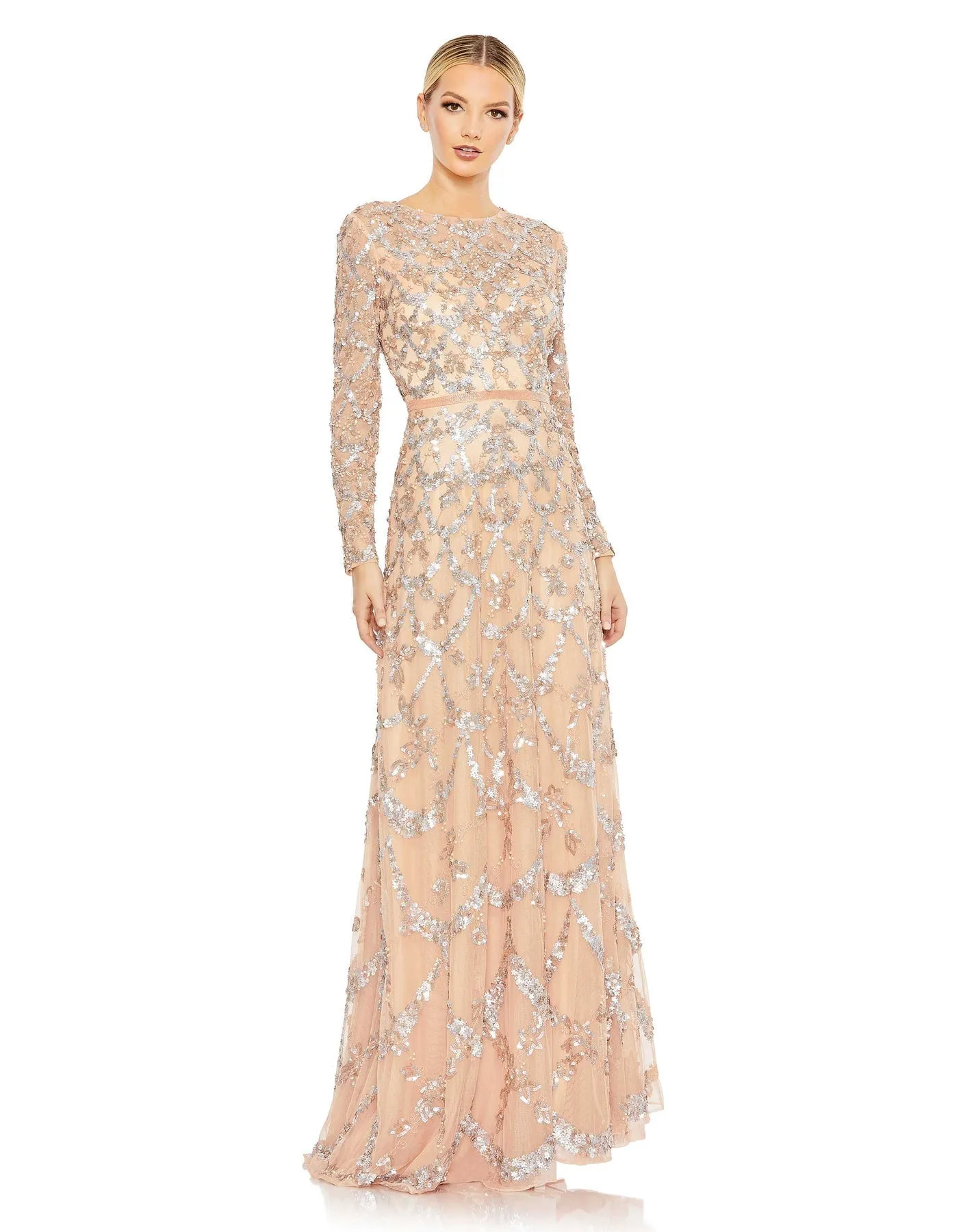 Embellished illusion high neck long sleeve A-line modest gown - Midnight