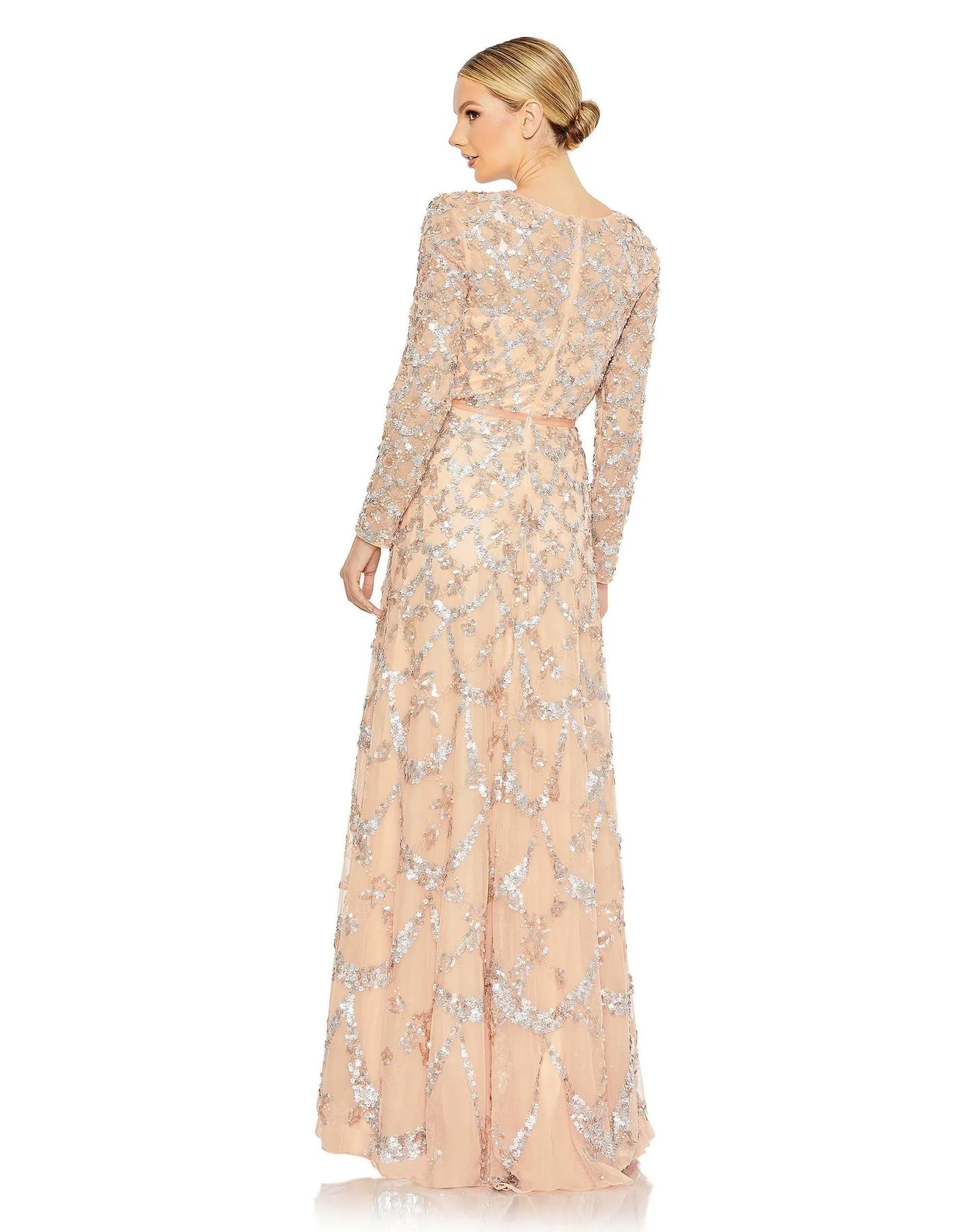 Embellished illusion high neck long sleeve A-line modest gown - Midnight