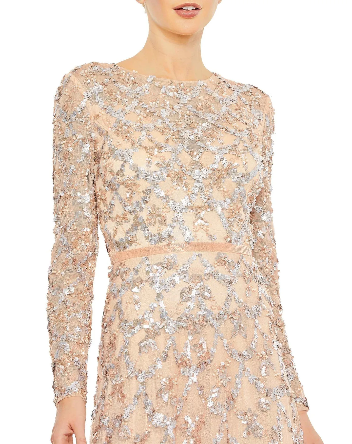 Embellished illusion high neck long sleeve A-line modest gown - Midnight
