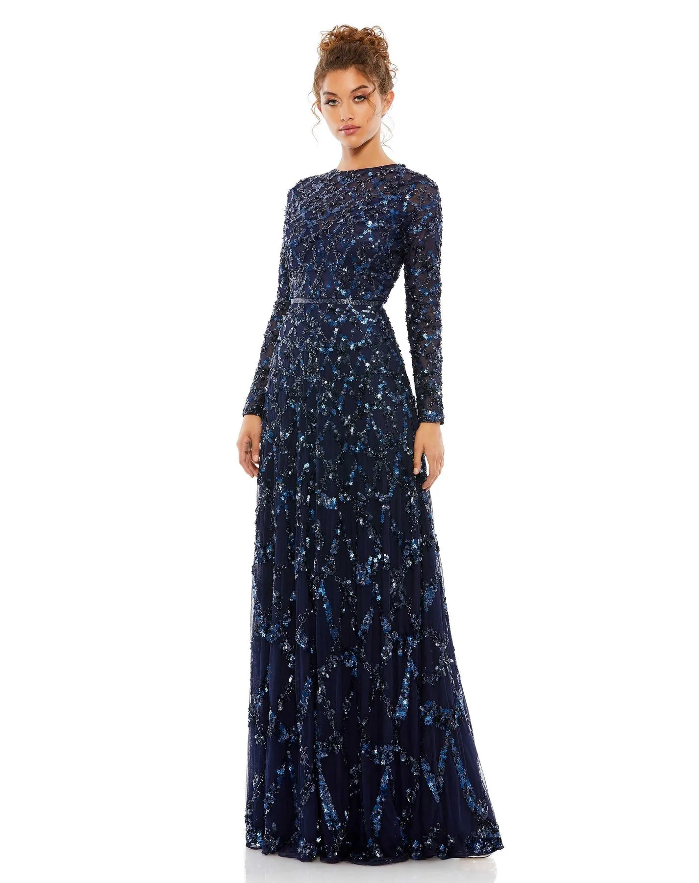 Embellished illusion high neck long sleeve A-line modest gown - Midnight
