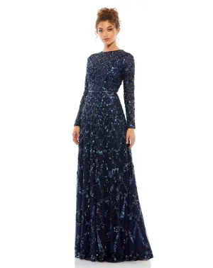 Embellished illusion high neck long sleeve A-line modest gown - Midnight