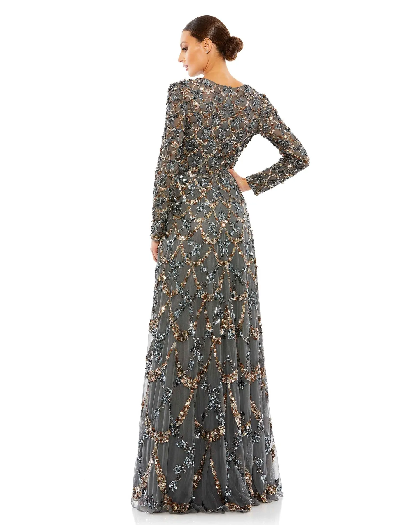 Embellished illusion high neck long sleeve A-line modest gown - Midnight