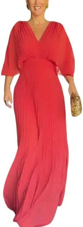 Evening Maxi Dresses for Women 2024 Batwing Sleeve V Neck High Waist Pleated Long Sundress Flowy Formal Dress